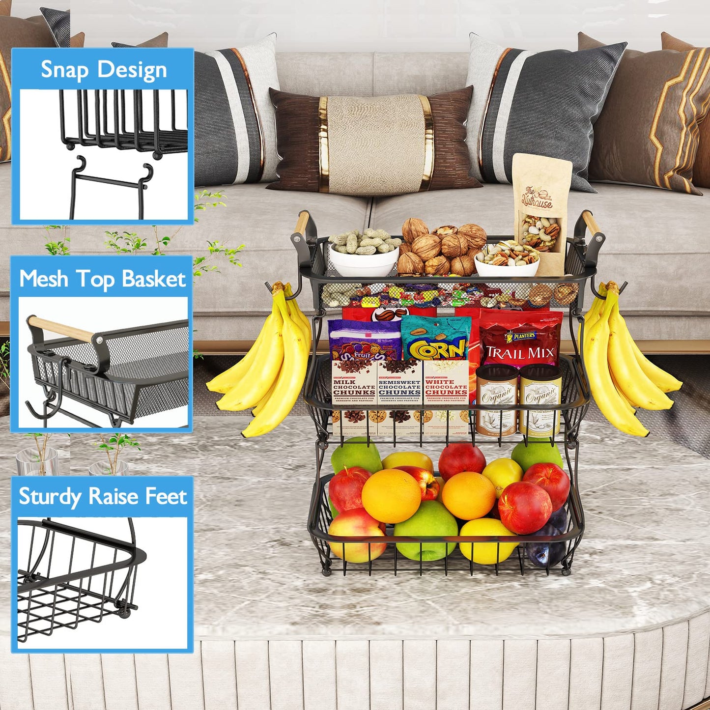 ANTOPY 3 Tier Fruit Basket with 2 Banana Hangers, Countertop Vegetable Bowl Kitchen Counter Metal Mesh Fruits Stand Produce Holder Organizer Onion Potato Bread Snack Veggie, Black Black (3 Tier With Banana Hangers)