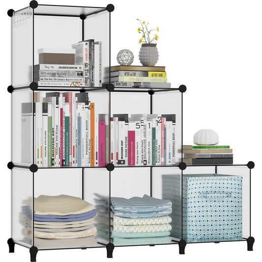 HOMIDEC Cube Bookcase, 6 Cube Storage Unit Bookshelf Storage Cube Organiser Multi-Use DIY Storage Cube Shelf for Books, Toys, Clothes, Tools Medium Transparent