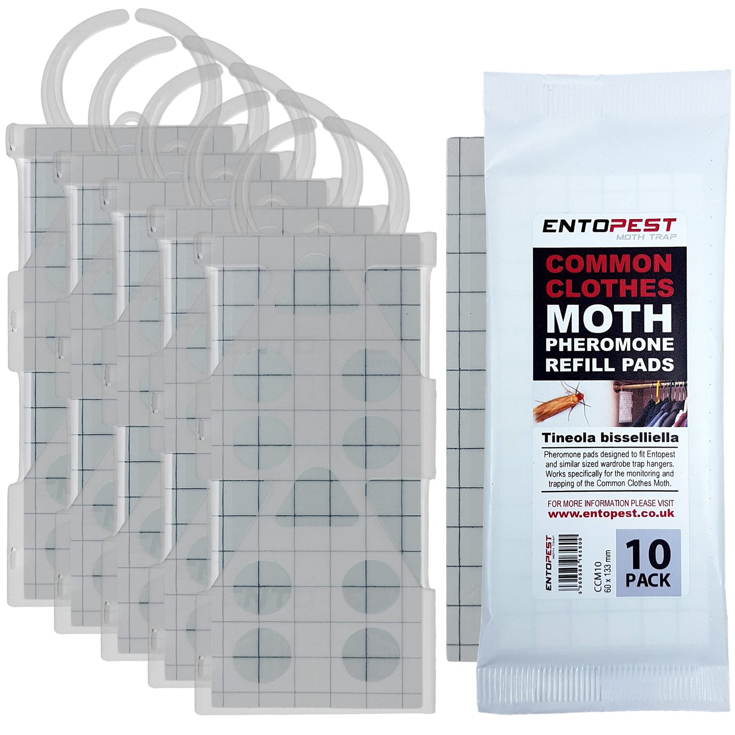 Entopest - Premium Moth Killer | 10 Refill Pads & 5 Reusable Hangers | Moth Repellent For Wardrobe | Moth Strips | Moth Sticky Pads | Pheromone Moth traps | Clothes Moth Treatment