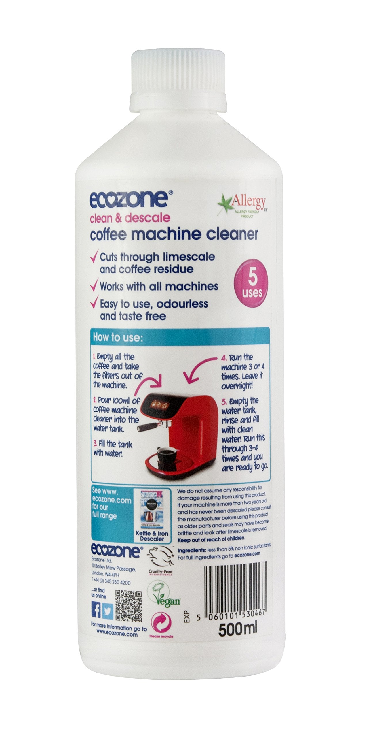 Ecozone Coffee Machine Cleaner and Descaler 500 ml - 5 Applications per bottle