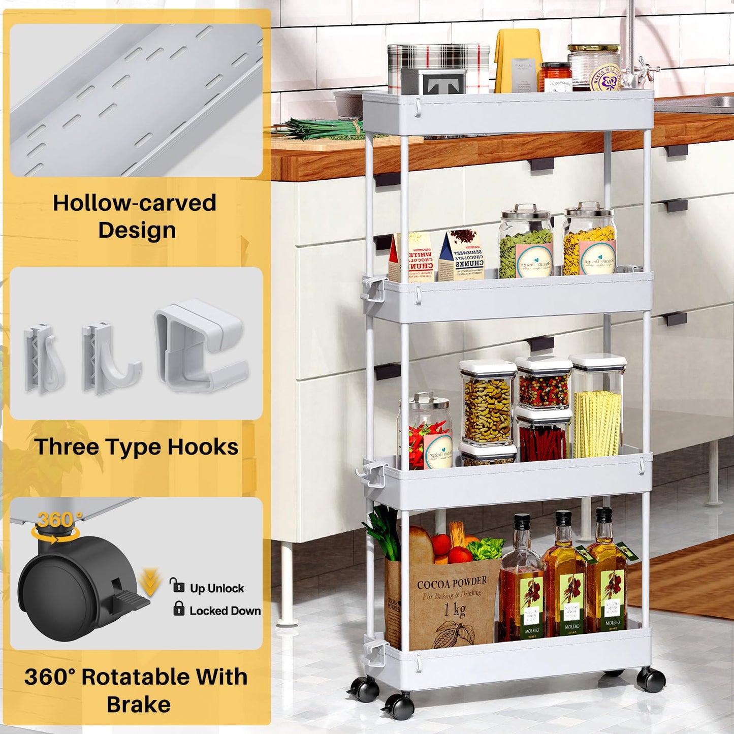 SPACEKEEPER Storage Trolley 4-Tier Slim Storage Cart Slide Out Rolling Utility Cart Mobile Shelving Unit Trolley Organizer Cart for Kitchen Bathroom Laundry Office, Plastic,Grey Gray