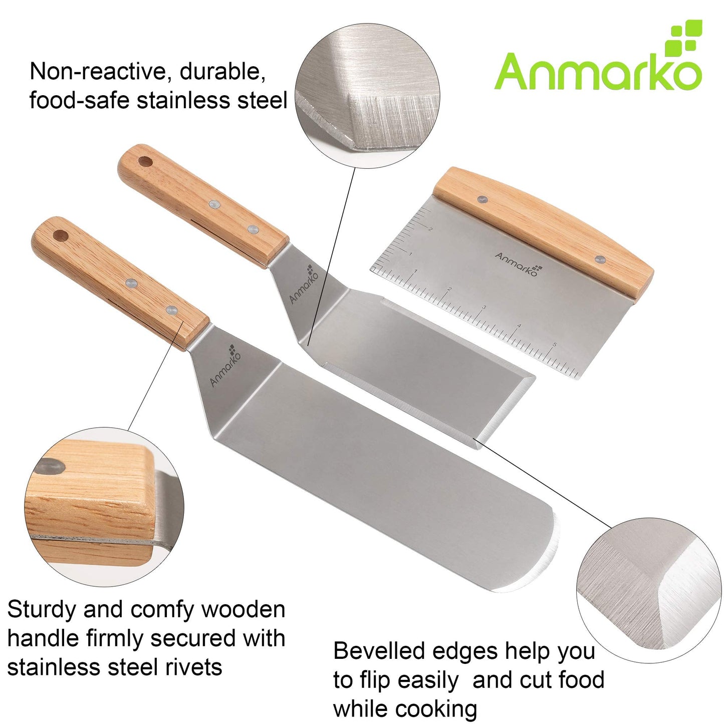 Professional Griddle Spatula Set - Stainless Steel Metal Spatula and Griddle Scraper - Heavy Spatula Griddle Accessories Great for Cast Iron Griddle BBQ Flat Top Grill - Commercial Grade Wooden Handle Set