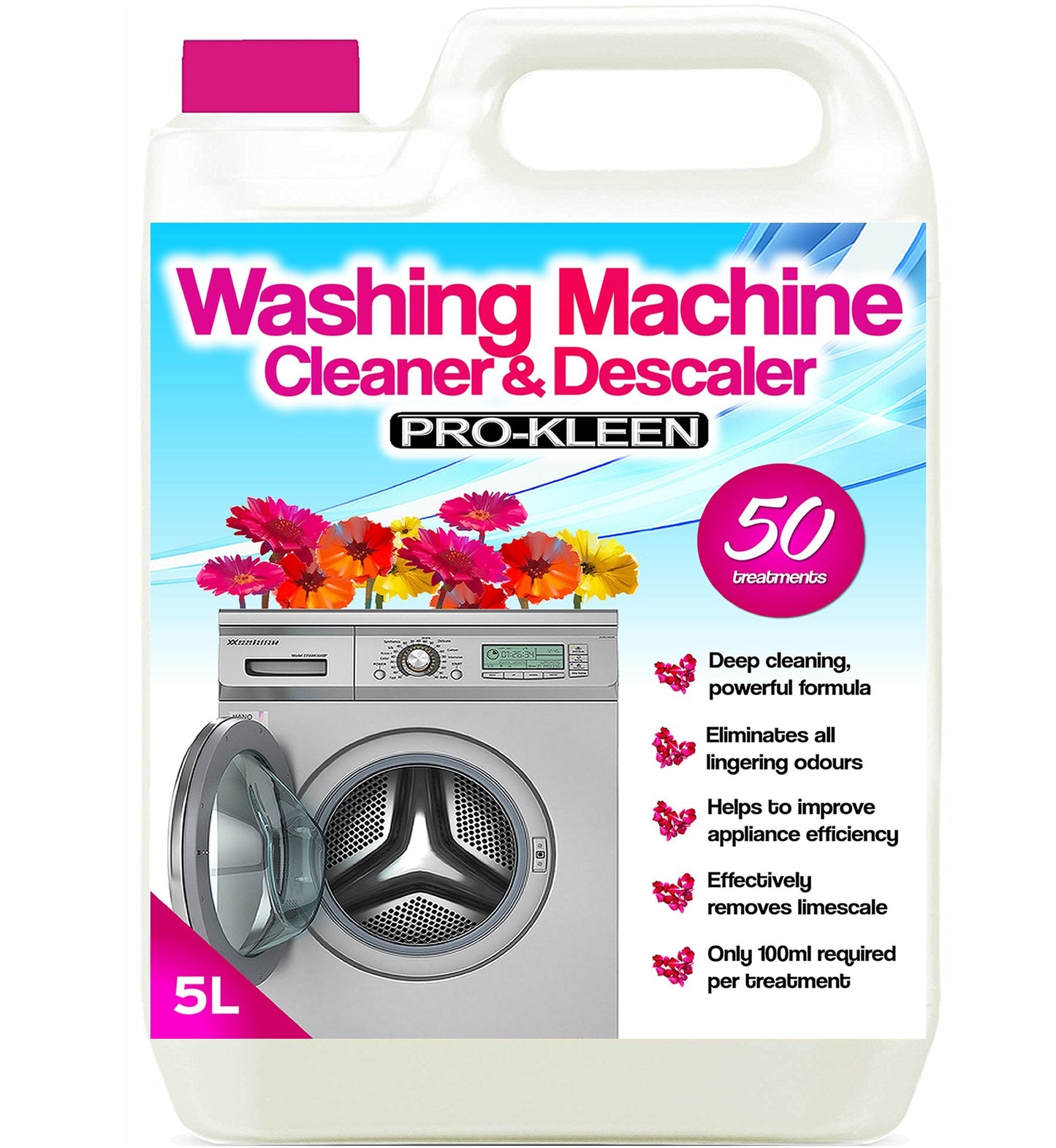 Pro-Kleen Washing Machine Cleaner and Descaler - 50 Treatments - Removes Smells Caused by Mould, Mildew & Damp & Grease (1, 5 Litre)