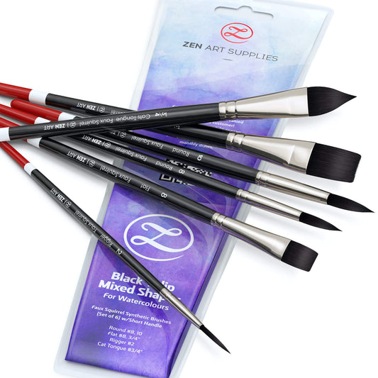 Professional Watercolour Brushes Synthetic Set - 6 Faux Squirrel Watercolour Paint Brushes for Gouache, Acrylic, Ink and Wet Media. Beginner-Friendly with Great Flow Control and Snap - by ZenART Black Tulip (6pc Japanese Synth)