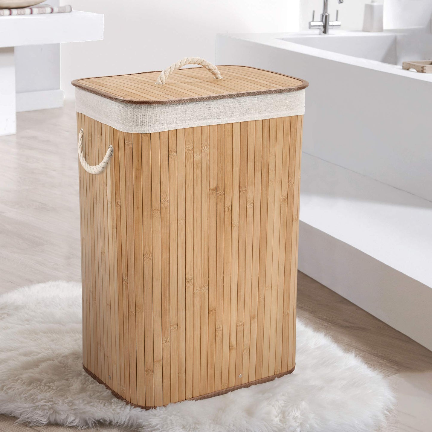 Compactor Bamboo Laundry Basket with Lid, Foldable Washing Hamper for Storing Clothes and Linen in Bedrooms and Bathrooms, Removable Liner and Rope Handles, Natural Brown Square