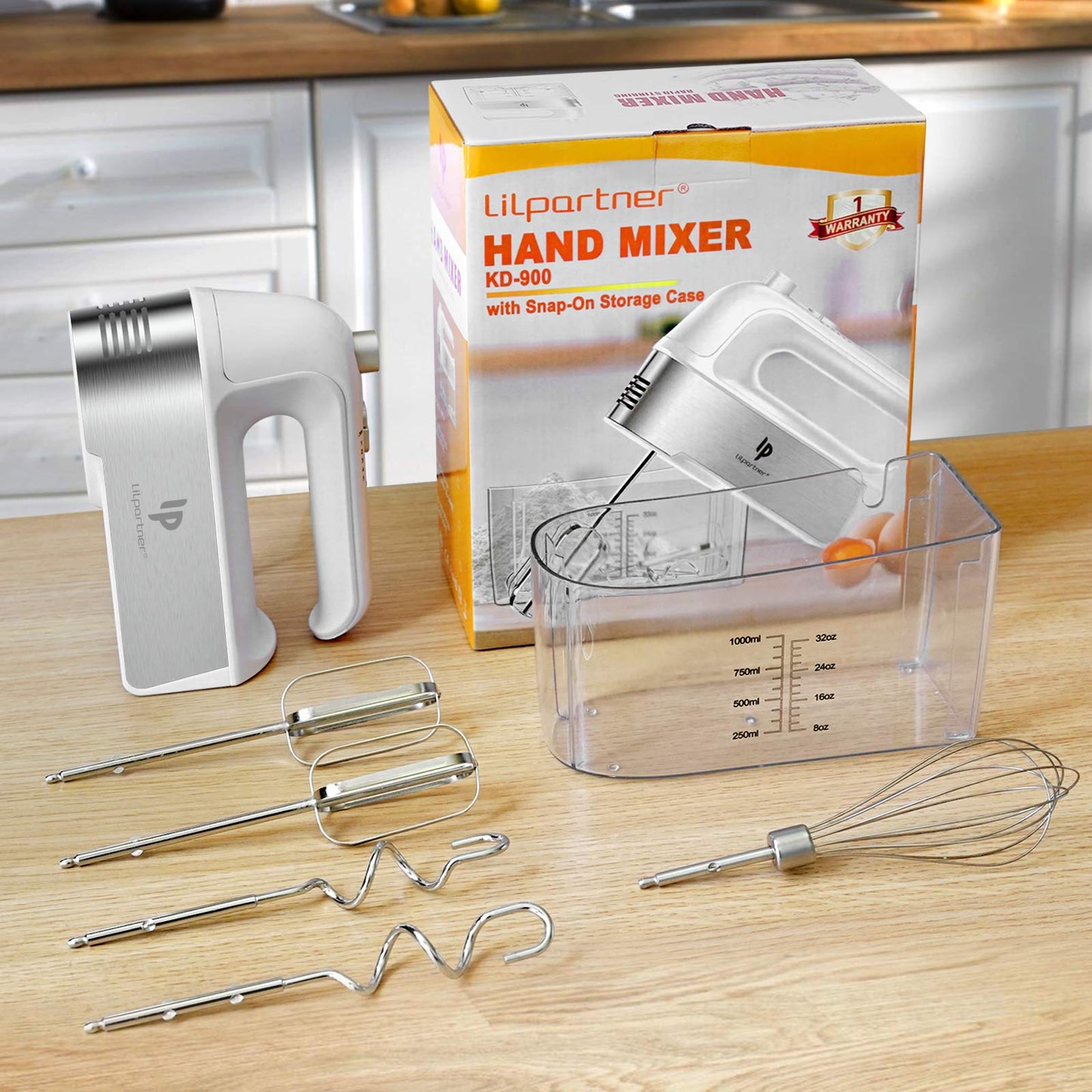 Hand Mixer Electric, 450W Kitchen Mixers with Scale Cup Storage Case, Turbo Boost/Self-Control Speed + 5 Speed + Eject Button + 5 Stainless Steel Accessories, For Easy Whipping Dough,Cream Silver