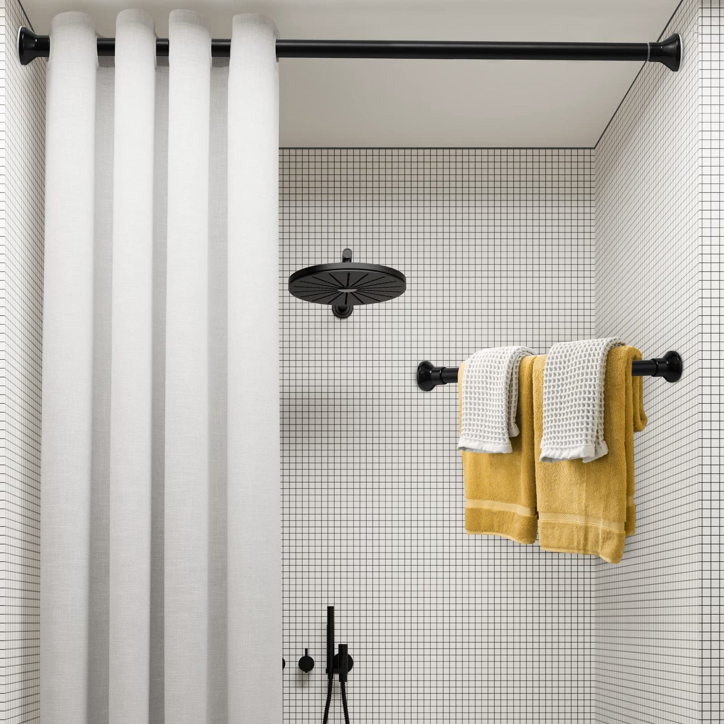 Telescopic Spring Tension Rod 105-200cm, Metal Black Shower Curtain Pole Extendable Room Divider without Drilling, Adjustable Rail Hanging Bar for Bathtub Shower Stall Window Doorway Closet Wardrobe