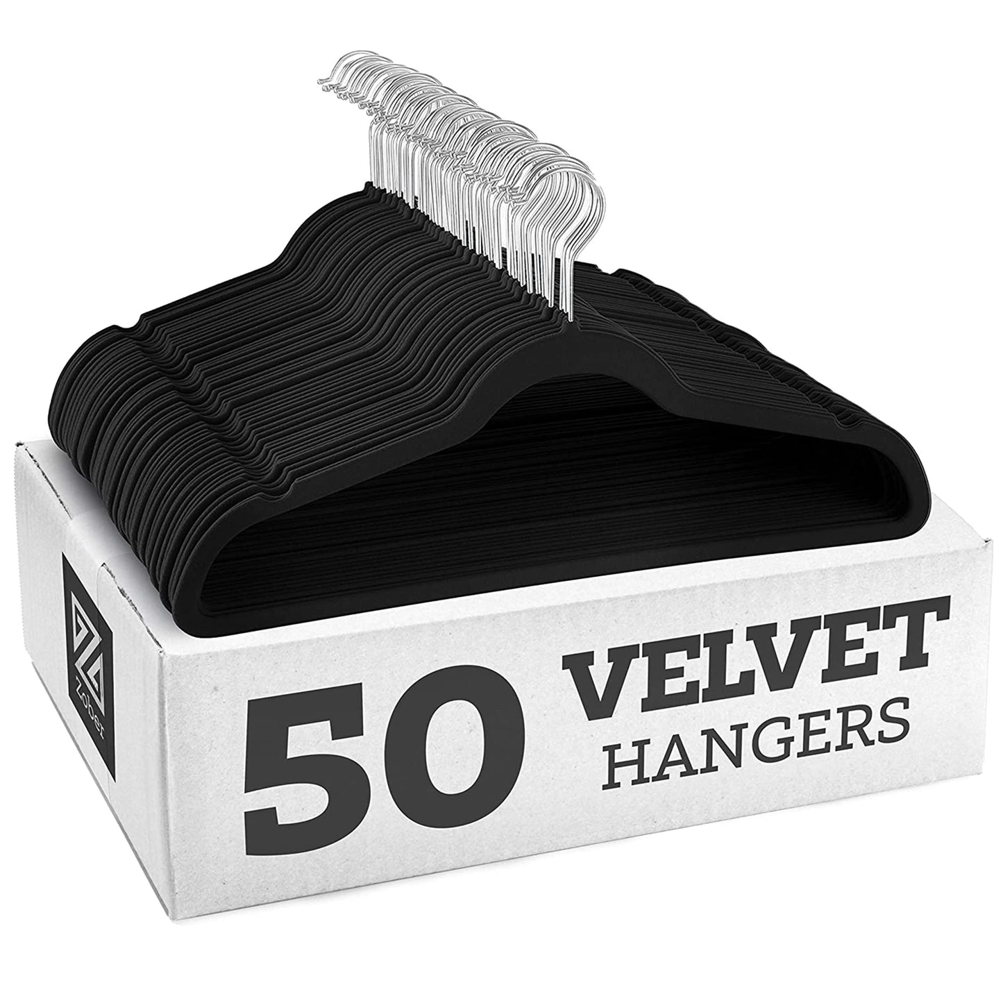 ZOBER Velvet Coat Hangers - 50-Pack, Premium, Non-Slip Hangers for Clothes - Velvet Clothes Hangers w/ 360 Degree Swivel Hook - Coat Hangers for Trousers, Dresses, and Coats - Black