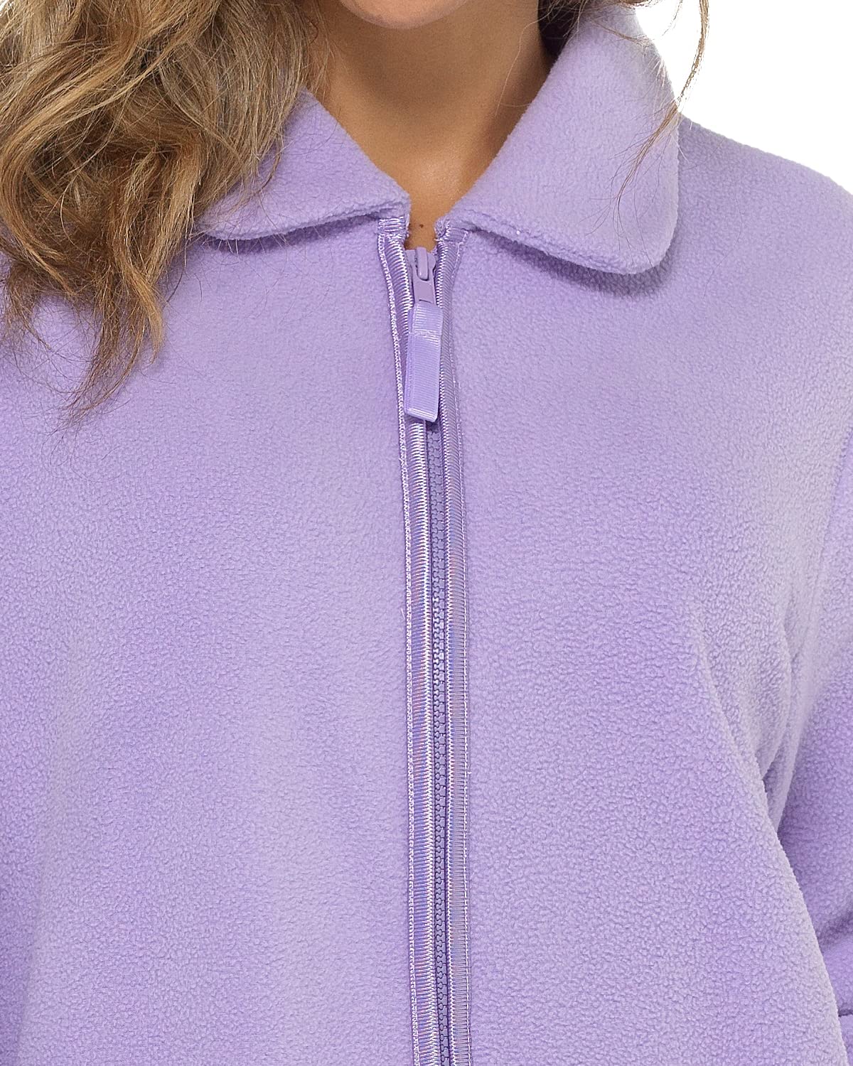 Undercover Ladies Zip Up Soft Fleece Dressing Gown, Zipped Robe with Satin Trim UK 10-28 Rose, Purple, Blue, Lilac & Pink 18-20 Lilac (Collar)