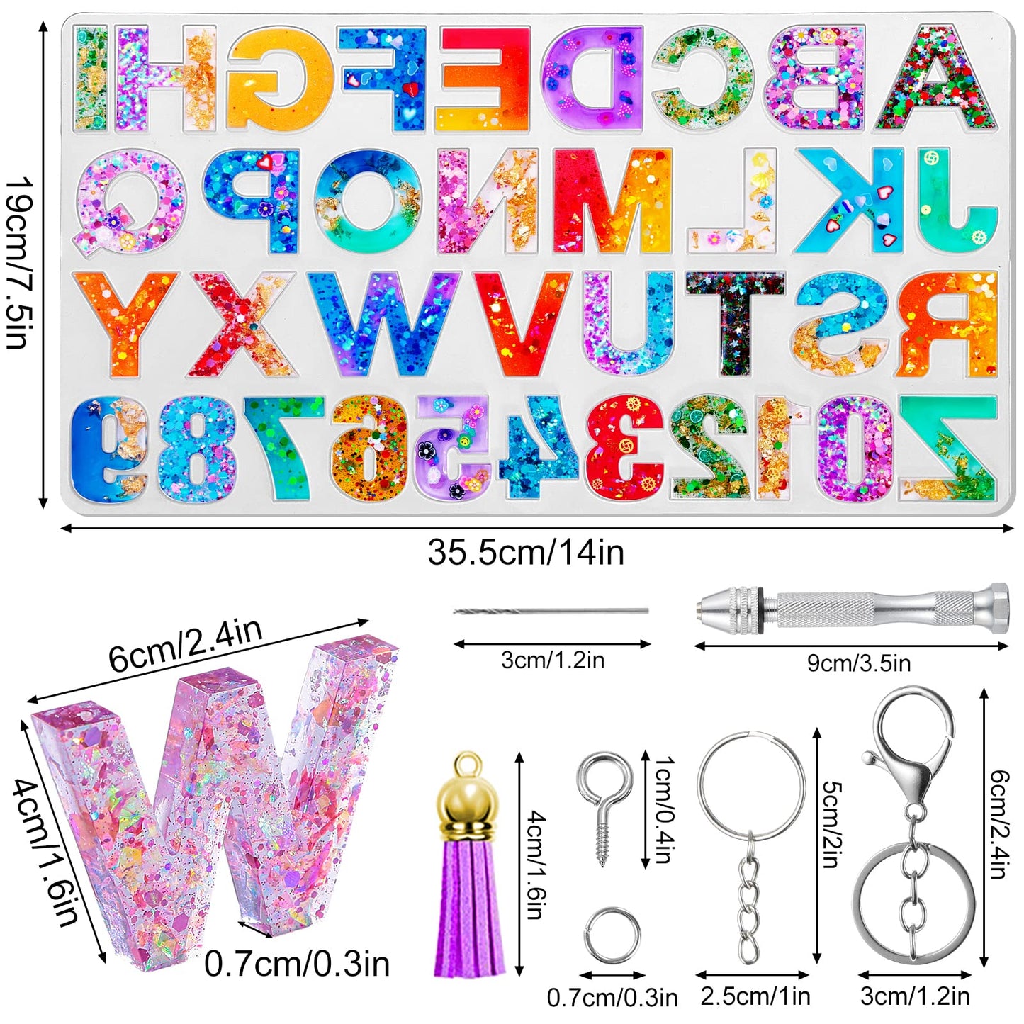 AOLLEN Epoxy Resin Kits for Beginners, 186 Pcs Letter Number Resin Silicone Moulds Keyring Making Kit, 400ml Crystal Clear Resin Accessories with Pigment, Glitter Sequin, Gold Leaf, Keychain Tassels