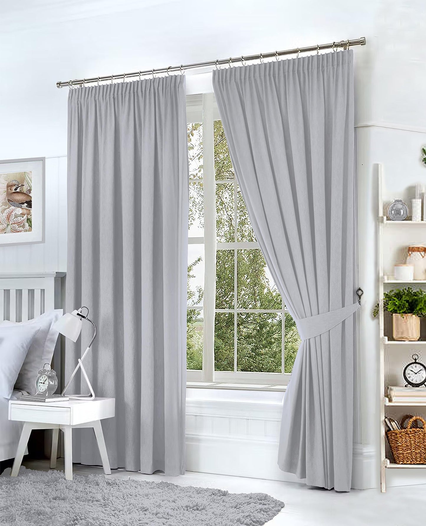 Hachette Thermal Blackout Curtains Pencil Pleat Tape Top Including Pair of Tiebacks (Silver Grey, 66" X 90") Silver Grey 66" X 90"