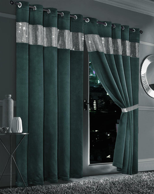 Olivia Rocco Diamante Blackout Eyelet Curtains With Tie Backs Black Out Thermal Ring Top Curtain Pair Window Dressing, 66" (Width) x 72" (Drop) Emerald Green 66" (Width) x 72" (Drop)