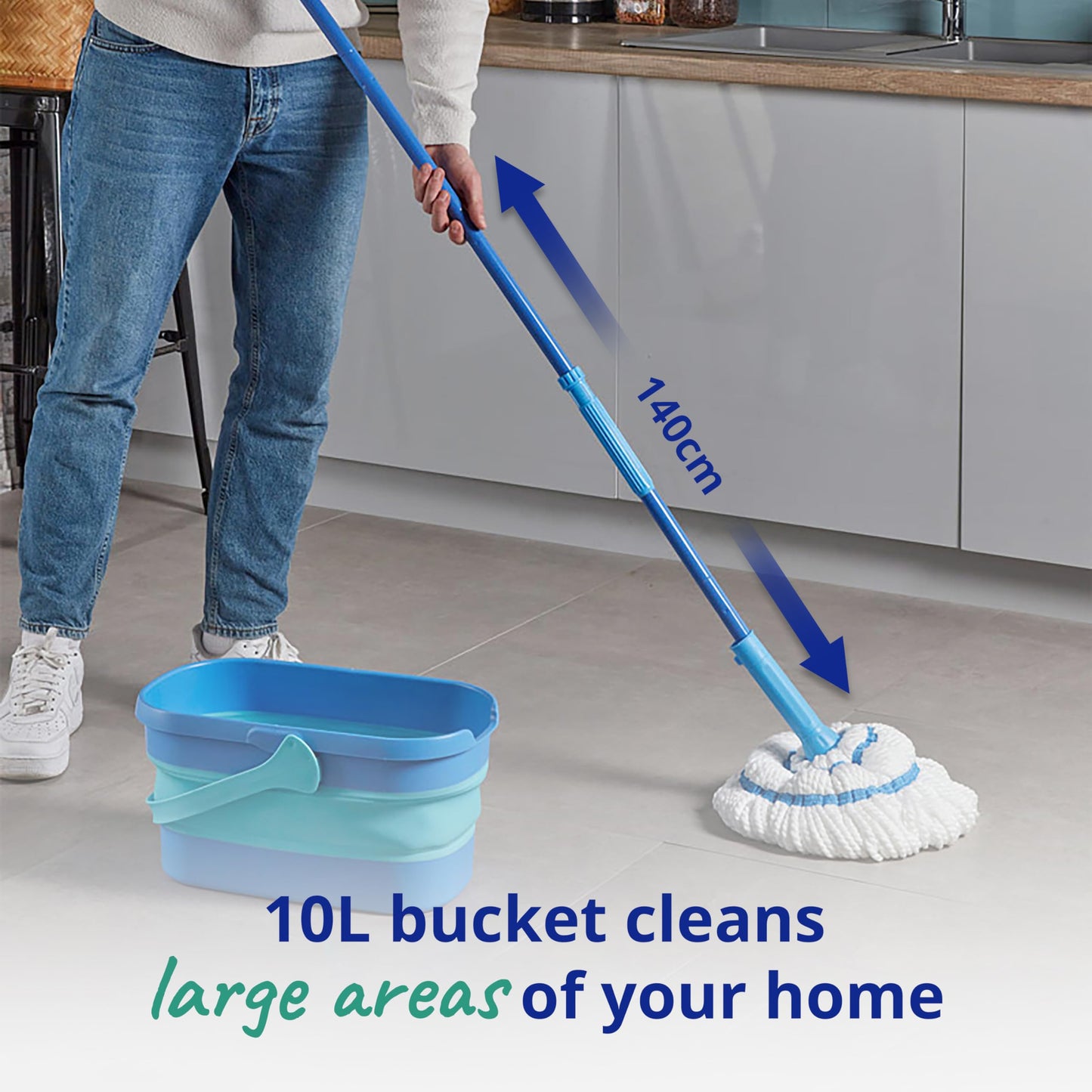 Spontex Ultra Compact Twist Mop and Bucket Set, Microfibre Mop with Built-In Self-Wringing System, 10L Foldable Bucket, Cleans Laminate, Wood & Tile Flooring, Washable Mop Head Twist Mop Ultra Compact Kit