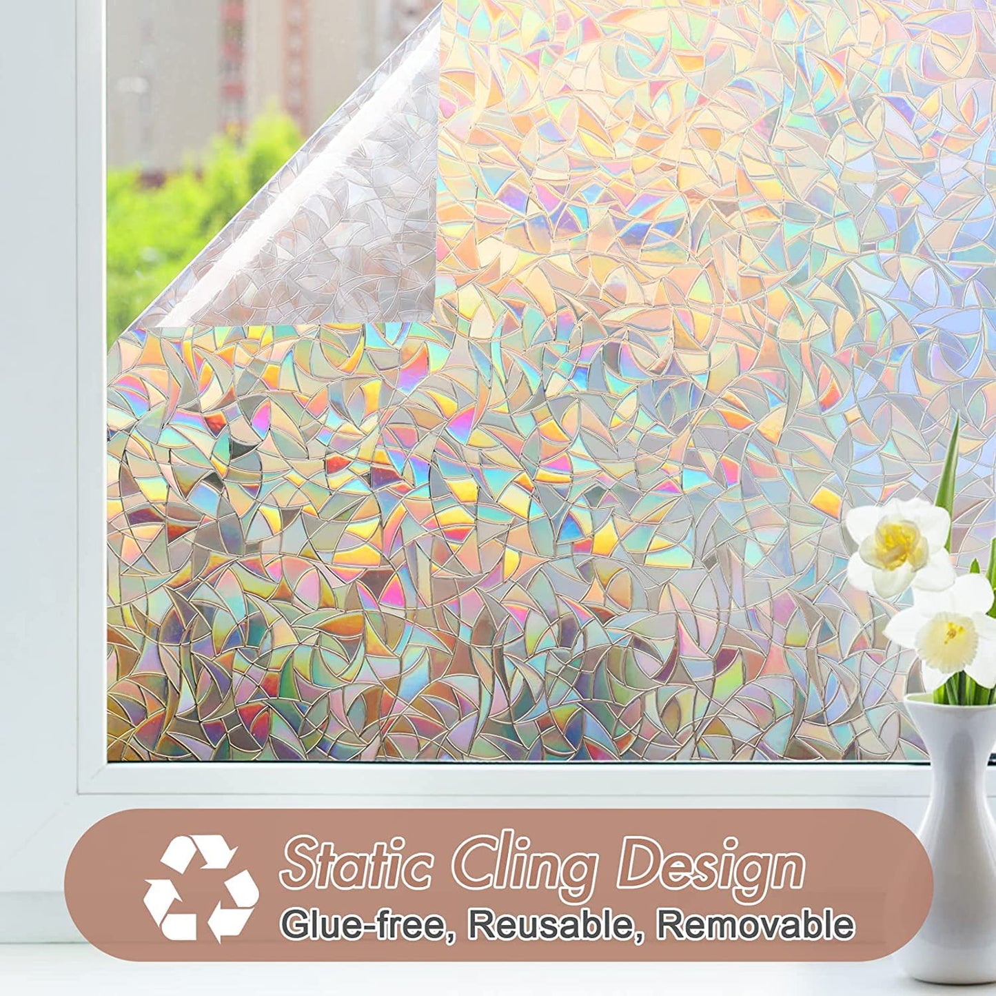 Haton Privacy Window Film Self-Adhesive Static Clings, 3D Decorative Rainbow Window Stickers, Removable Glass Vinyl, Anti-UV Window Covering Film for Home Office, 90x200 cm 90x200cm