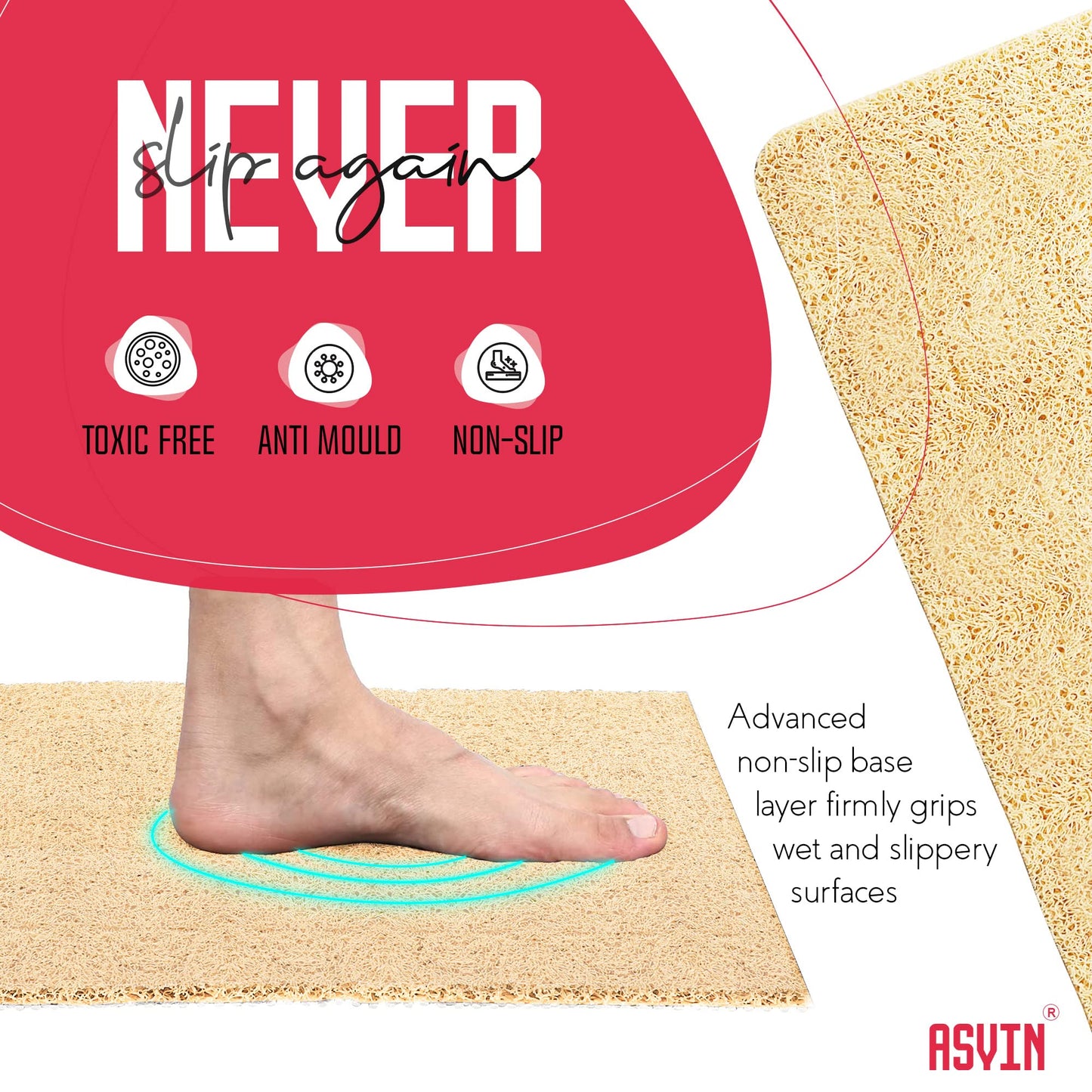 Asvin Soft Textured Anti Slip Bath & Shower Mat for Inside Shower & Wet Areas (40x60cm Beige) Phthalate Free Rubber Loofah Bathroom Mats for Slippery Surfaces Quick Dry Antibacterial & Mould Resistant 40cm x 60cm