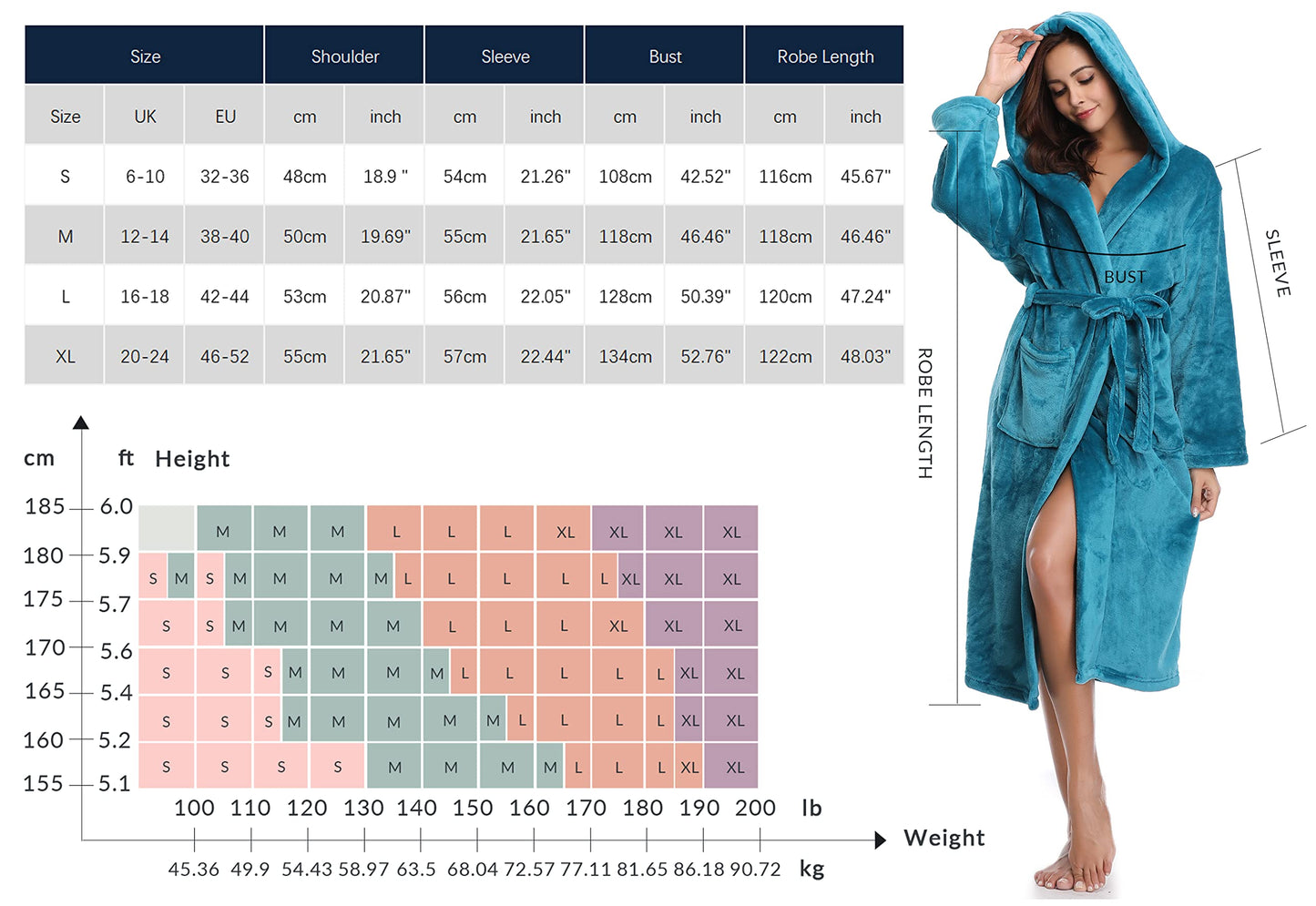 Vlazom Ladies Dressing Gown, Flannel Soft Robe Warm Fluffy Bathrobes with Hooded or Shawl Collar Long Robe for Cold Day Peacock Blue-with Hooded M