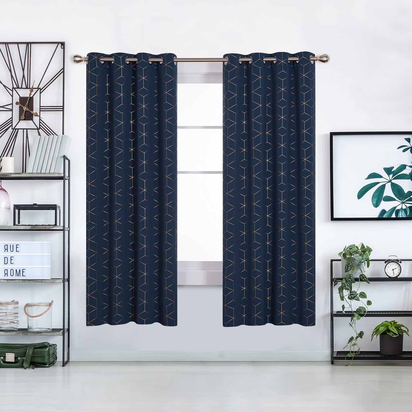 Deconovo Blackout Curtains, Gold Diamond Printed Eyelet Curtains, Home Decorative Room Darkening Curtains for Bedroom, 46 x 54 Inch(Width x Length), Navy Blue, One Pair W46 x L54