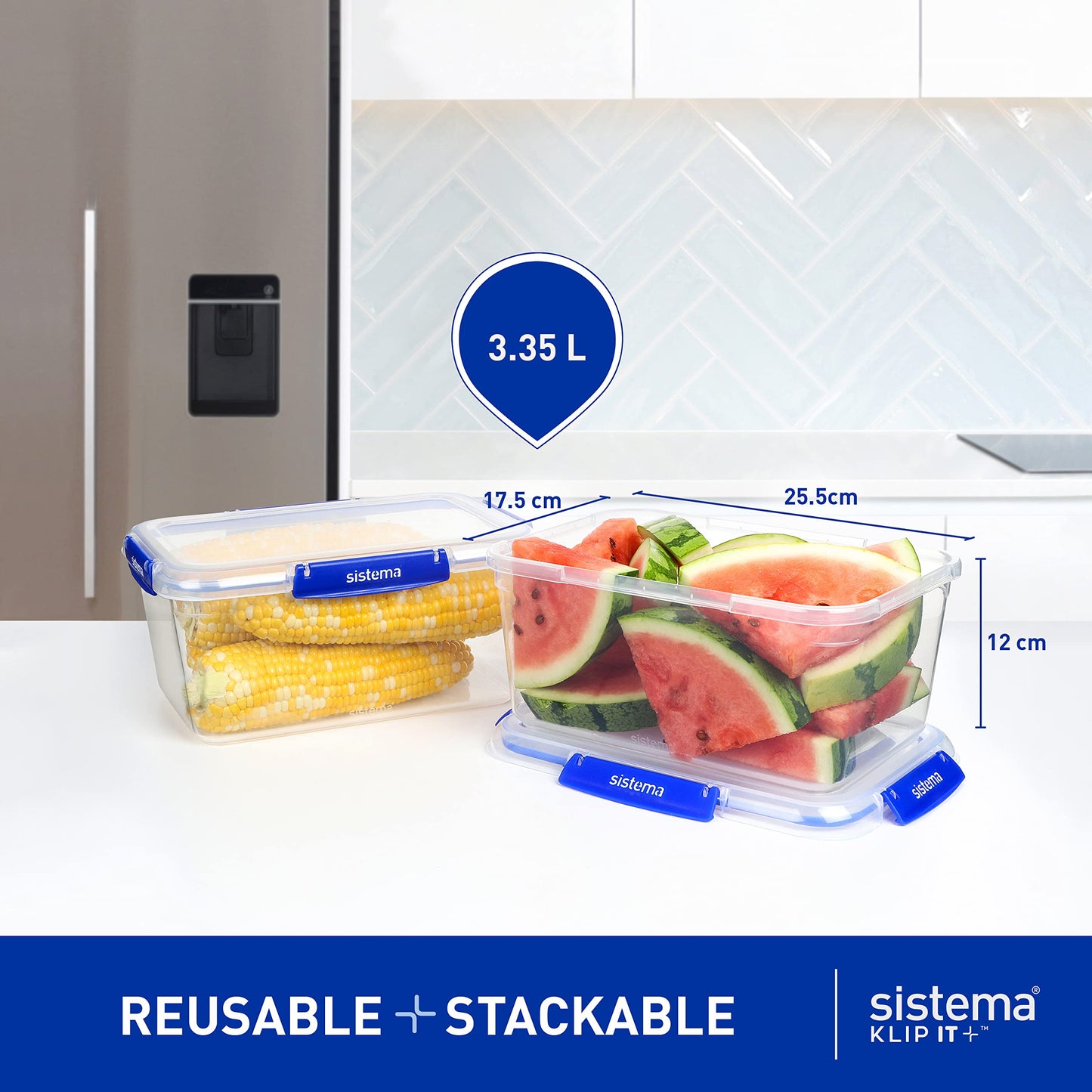 Sistema KLIP IT PLUS Food Storage Containers | 3.35 L | Leak-Proof, Stackable & Airtight Fridge/Freezer Containers with Lids | BPA-Free Plastic | Recyclable with TerraCycle® | Blue Clips | 3 Count 3.35L 3 Pack