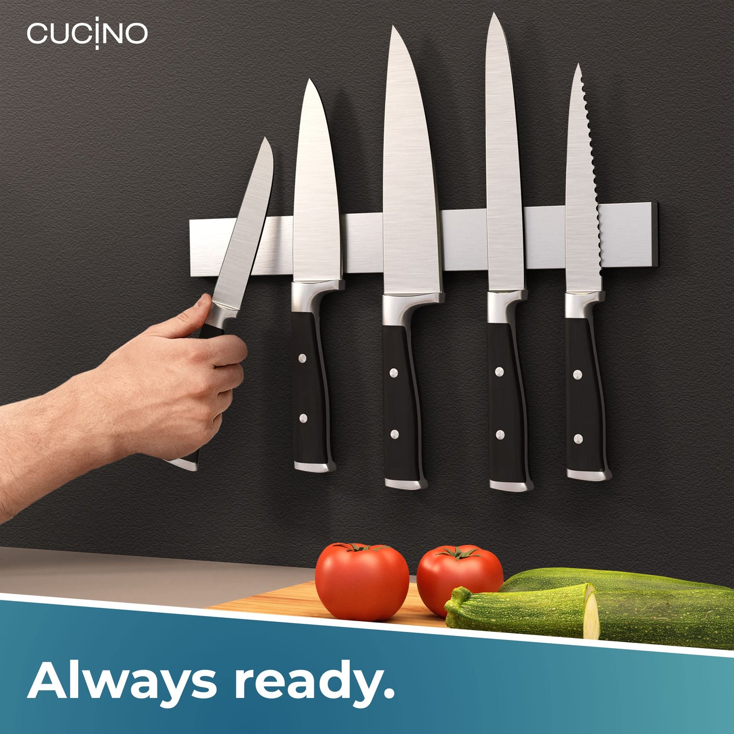 CUCINO Magnetic Knife Holder for Wall - 40cm (16") incl. Self Adhesive Magnetic Strip, Extra Strong Knife Magnets for Walls, Magnetic Knife Rack with Optional Installation Made of Stainless Steel