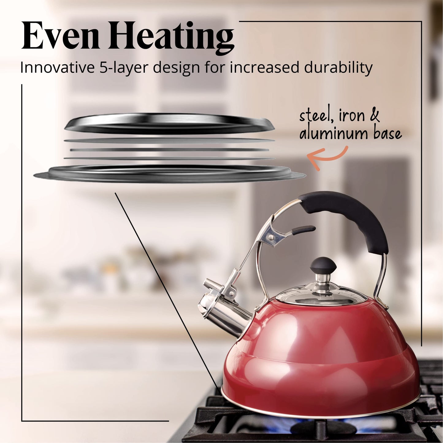 Willow & Everett Whistling Kettle - 3 Litre Stovetop Kettles w/Mirror Finish - Camping Kettle with Infuser for Induction & Gas Stove - Camping Accessories & House Warming Gifts Single Handle