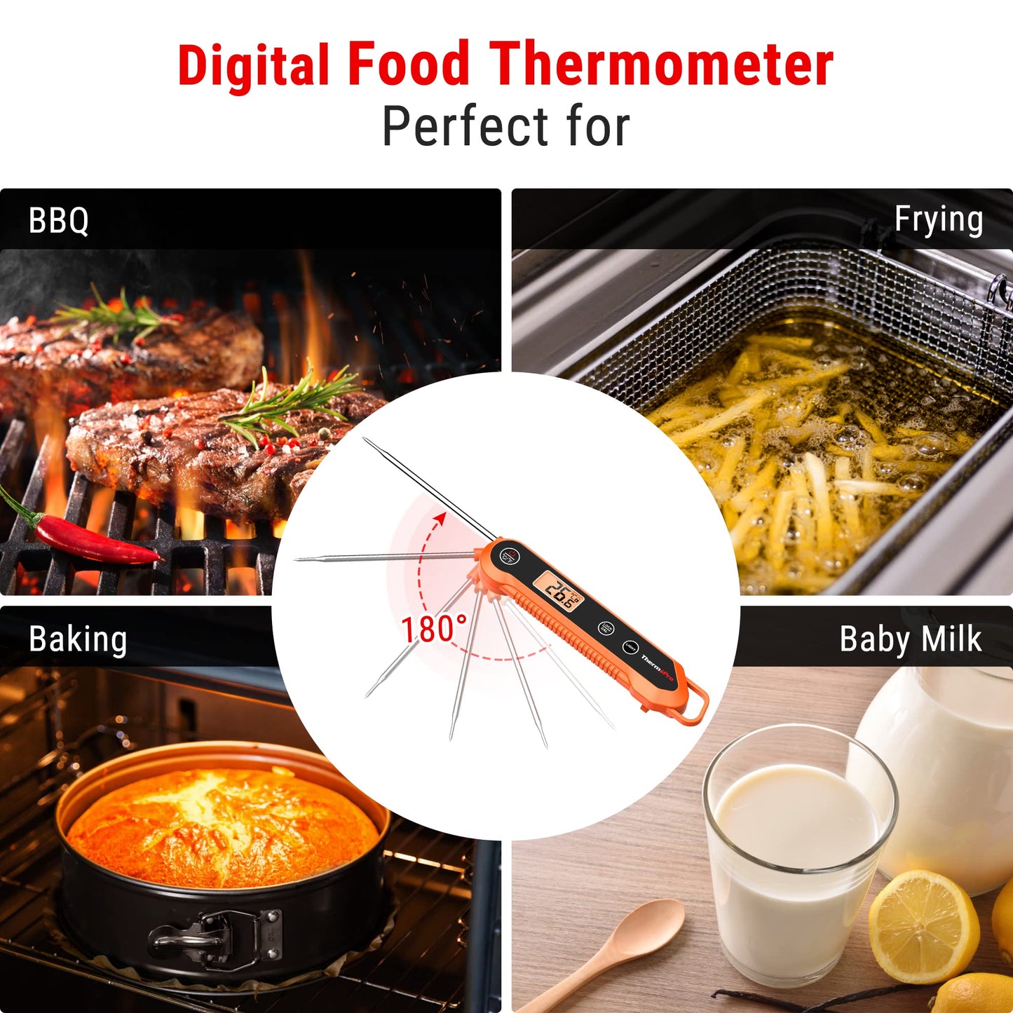 ThermoPro TP03H Meat Thermometers with Foldable Food Temperature Probe, IPX6 Waterproof Food Thermometer with Calibration Lock Function Backlight LCD Screen Cooking Thermometer for Oil Candy Milk Jam Matte Orange