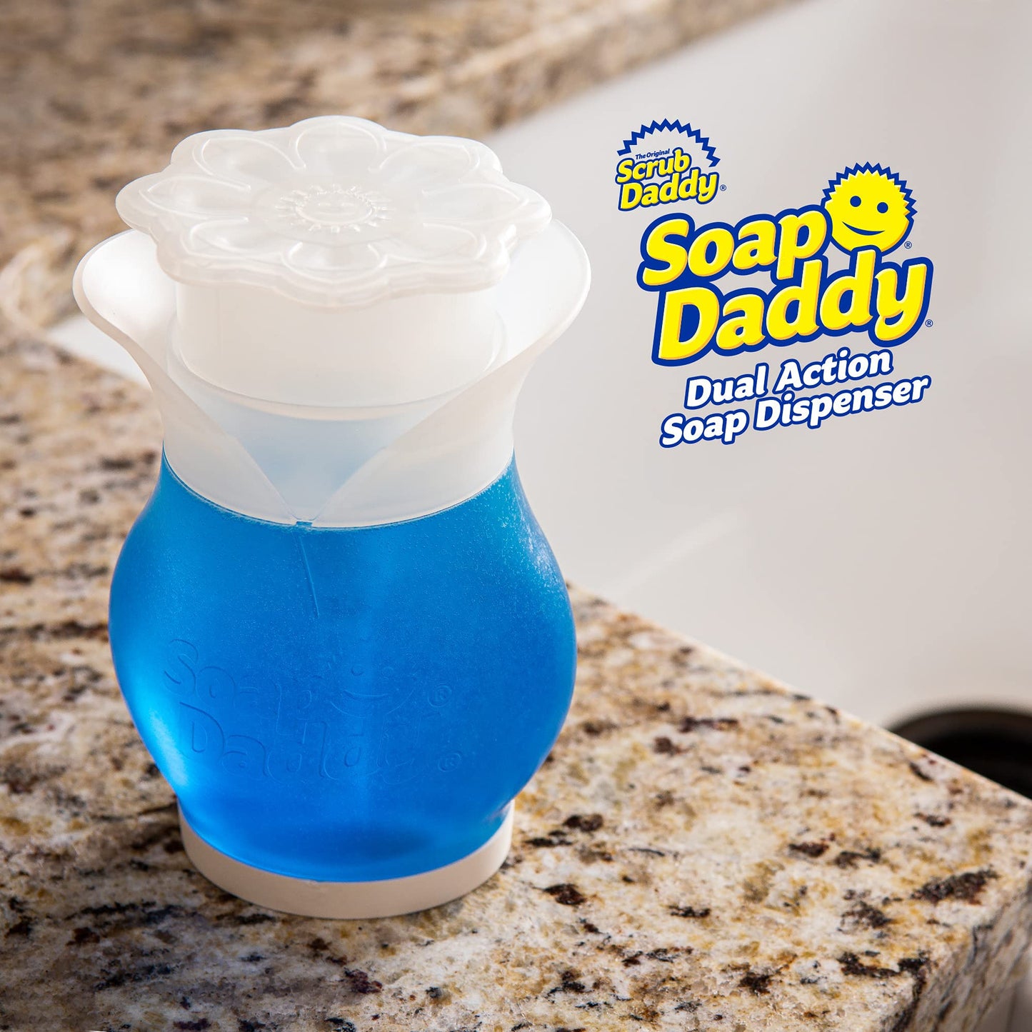 Scrub Daddy Soap Dispenser, Soap Daddy Dual Action Washing Up Liquid Detergent Dispenser for Dishes, Refillable Kitchen & Bathroom Sink Dispensers, Push Down Pump Dispenser Bottle, White Flower Design One Size