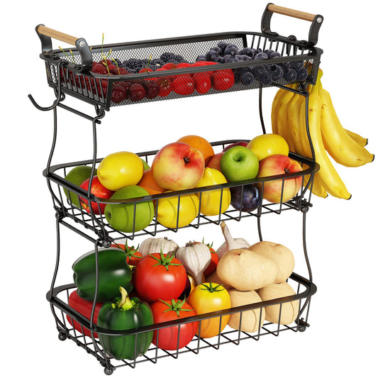 ANTOPY 3 Tier Fruit Basket with 2 Banana Hangers, Countertop Vegetable Bowl Kitchen Counter Metal Mesh Fruits Stand Produce Holder Organizer Onion Potato Bread Snack Veggie, Black Black (3 Tier With Banana Hangers)