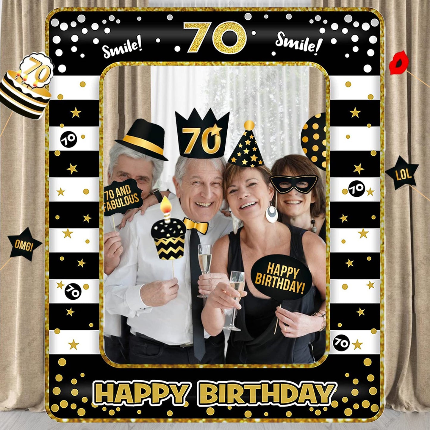 70th Birthday Decorations Girls Boys,Black Gold Inflatable Selfie Frame&34Pcs 70th Birthday Photo Booth Props,Giant Inflatable Party Photo Booth Frame for Ladies Men 70th Birthday Party Decorations Black Gold