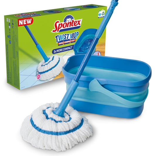 Spontex Ultra Compact Twist Mop and Bucket Set, Microfibre Mop with Built-In Self-Wringing System, 10L Foldable Bucket, Cleans Laminate, Wood & Tile Flooring, Washable Mop Head Twist Mop Ultra Compact Kit