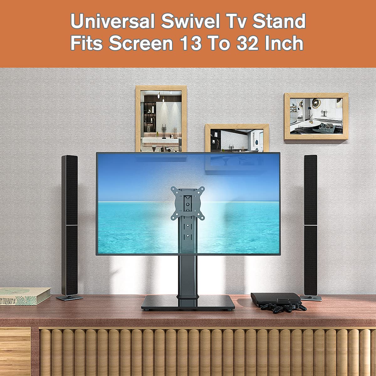 Universal Swivel TV Stand/Base Table Top TV Stand for 13 to 32 inch TVs with 100 Degree Swivel, 4 Level Height Adjustable, Heavy Duty Tempered Glass Base, Holds up to 35kg HT07B-001P