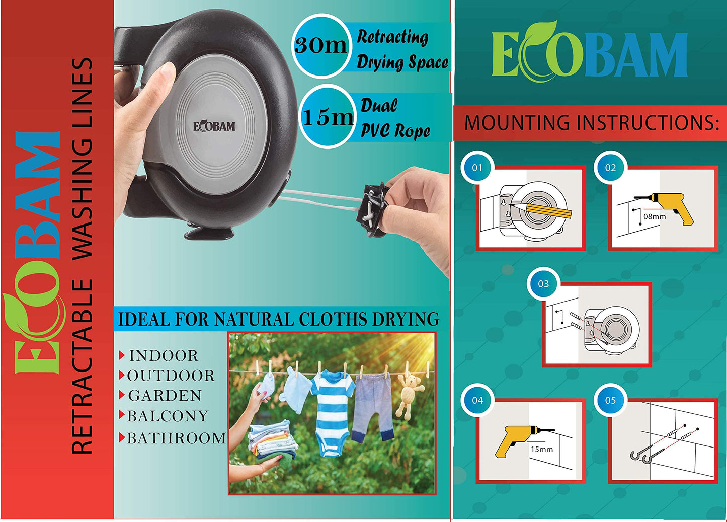 EcoBam Retractable Reel Washing Lines, Wall Mounted Laundry Drying Double Clothes Line, Heavy Duty Dual Clothesline Dryer Indoor Outdoor, 30m (2 x 15m) Black