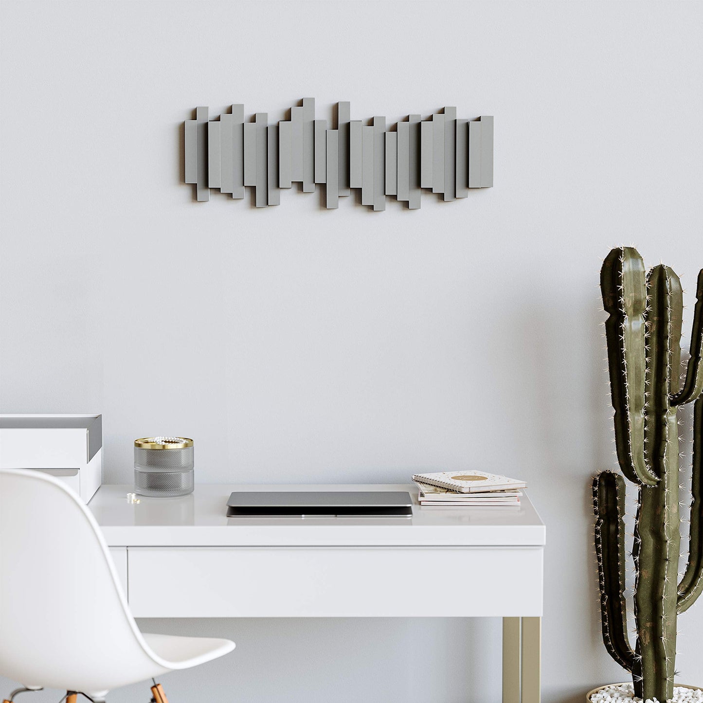 Umbra Sticks Multi Hook Coat Rack - Modern, Unique, Space-Saving Wall Mounted Coat Hanger with 5 Flip-Down Hooks for Hanging Coats, Scarves, Purses and More, Grey