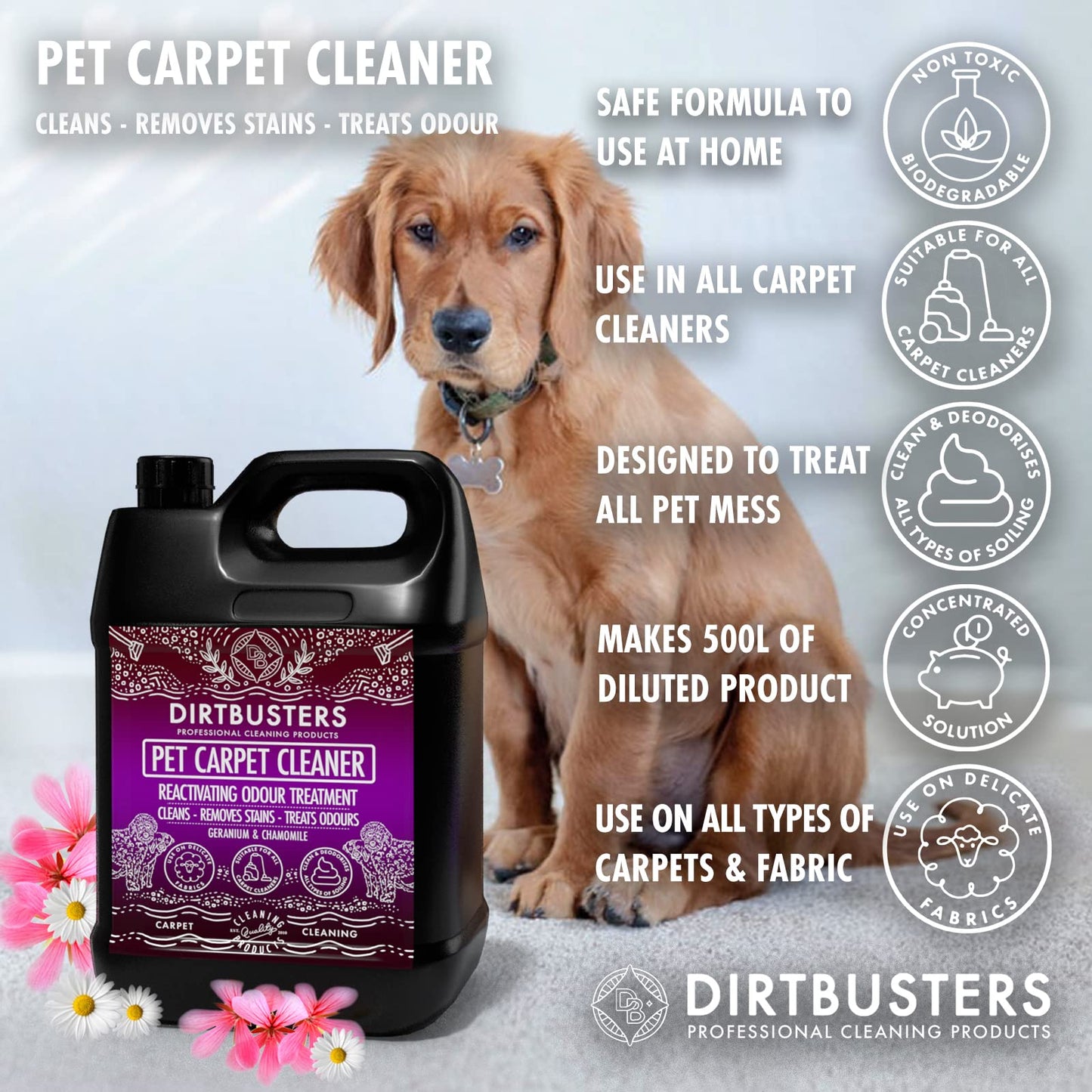 Dirtbusters Pet Carpet Cleaner Shampoo, Cleaning Solution For Odour, Urine & Stains, Geranium & Chamomile (5L) 1