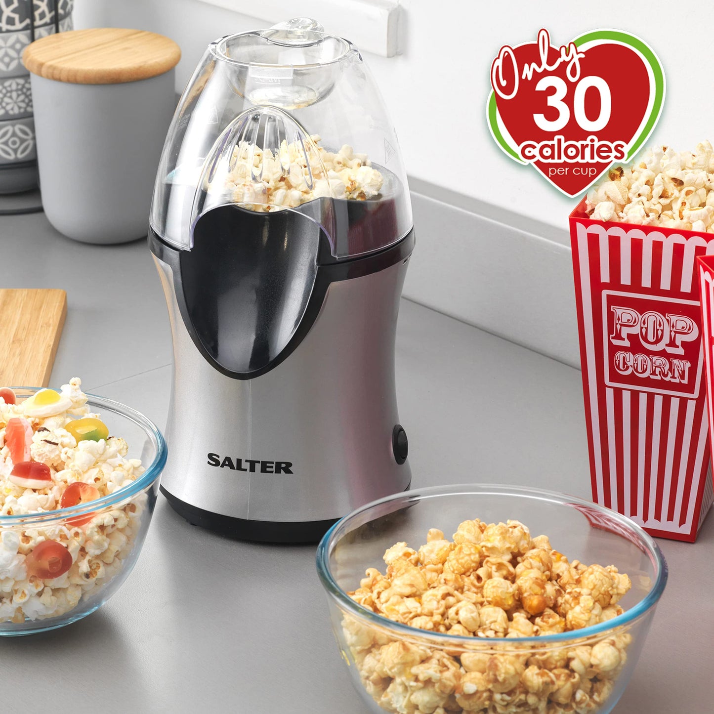 Salter EK2902 Popcorn Maker Machine – Electric Home Corn Popper, Healthy Low Calorie Snack, Oil Free, Hot Air Circulation, Easy to Use, Integrated Measuring Cup, For Movie Nights/Snacking/Party, 1200W Single