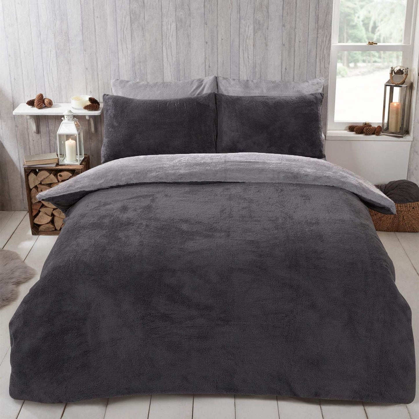 Brentfords Reversible Teddy Fleece Duvet Cover with Pillow Case Supersoft Fluffy Thermal Warm Soft Sherpa Bear Bedding Set, Charcoal Silver Grey - Double