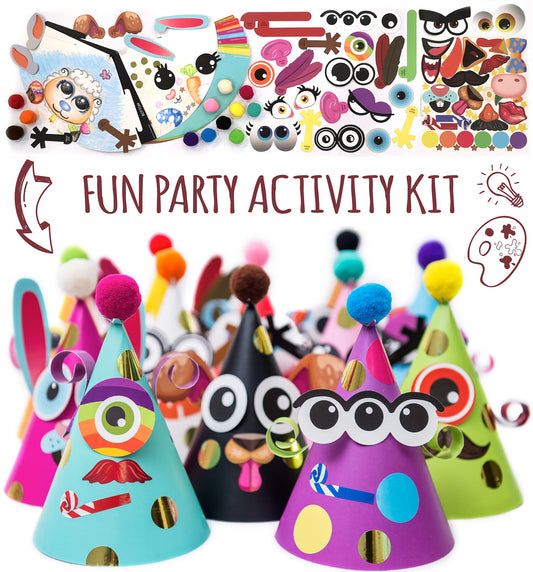 Party Hats Birthday Activity Kit with Stickers, Fun Arts & Crafts for Kids. Animal & Monster Theme Party Favor, Game Supplies 12 hats