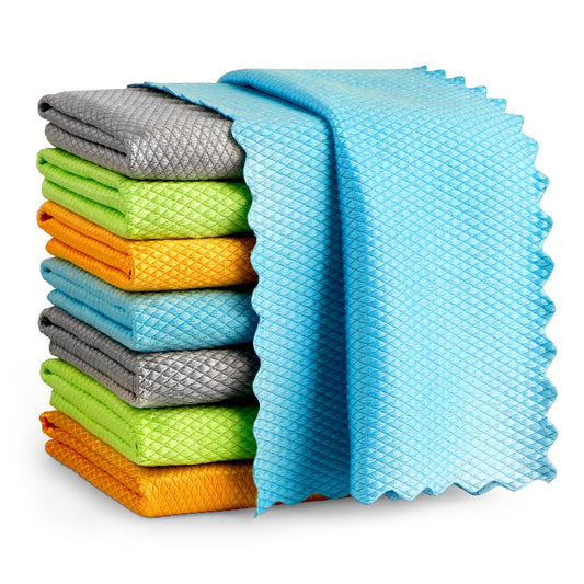 AIDEA Microfibre Cleaning Cloth 8 Pack,Multi-Purpose Fish Scale Cleaning cloth,Nanoscale Cloth Polishing Cloth,Lint Free Streak-Free Glass Window Cleaning Cloths,30x30 CM 12" x 12"