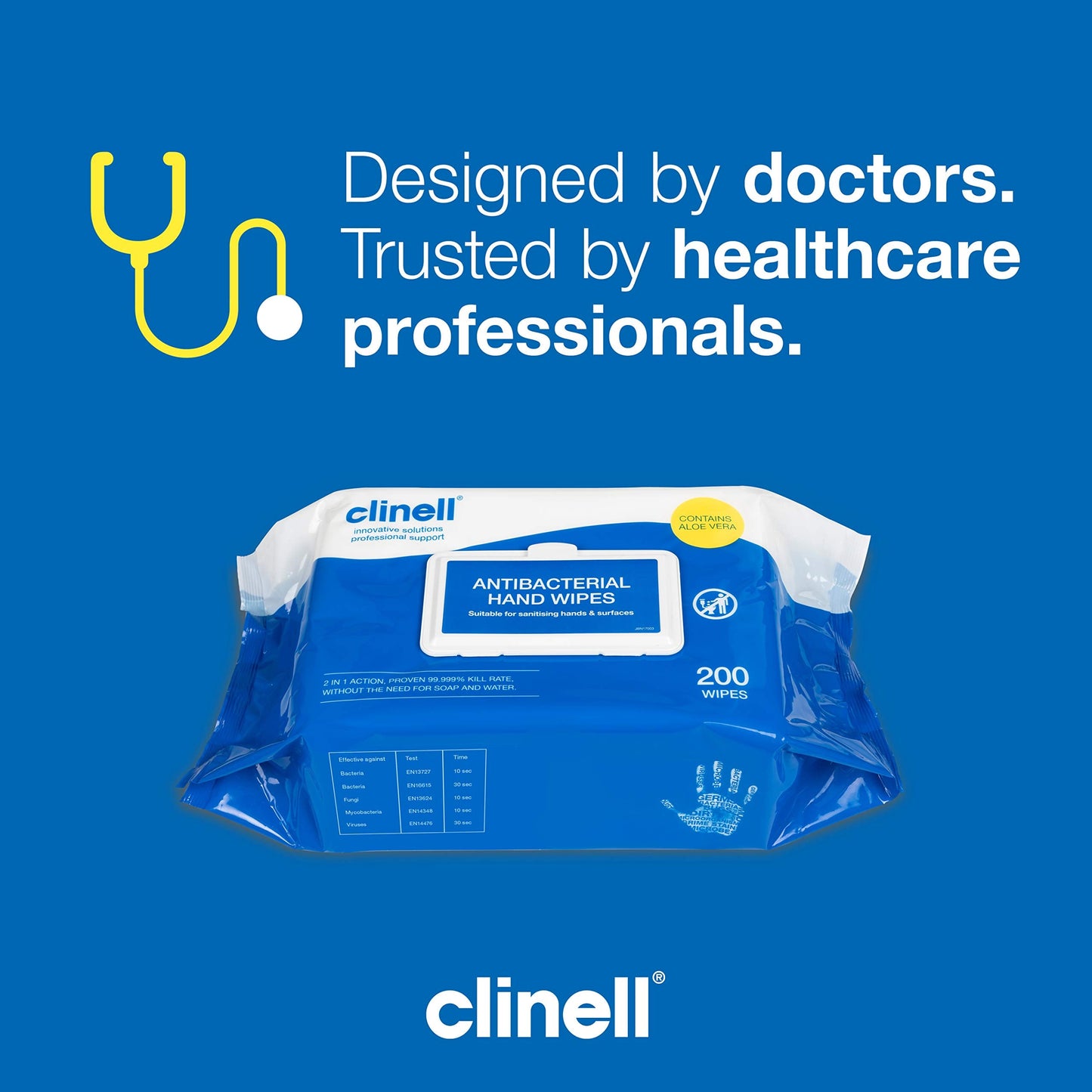 Clinell CAHW200 Antibacterial Hand Wipe Suitable for Hands and Surfaces, 1 Pack of 200 wipes ,15 x 10 x 12 centimeters Single