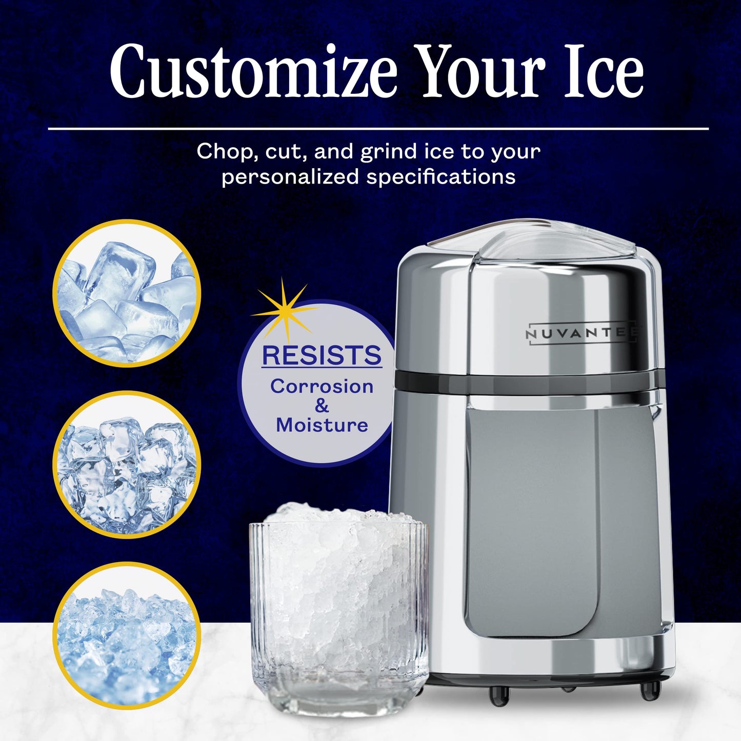 Nuvantee Ice Crusher – Manual Hand Crank Crushers w/Built-in Stainless-Steel Blades for Customisable Cubes - Bucket and Spoon Included