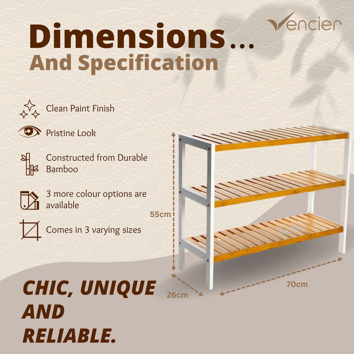 Vencier 3 Tier Bamboo Shoe Racks Storage Stand Shelf Organizer, 12 Pair of Shoes 70 x 26 x 55cms - Ideal of Corridor,Living Room, Bathroom, Bedroom or Hallway (Natural & White) Natural & White