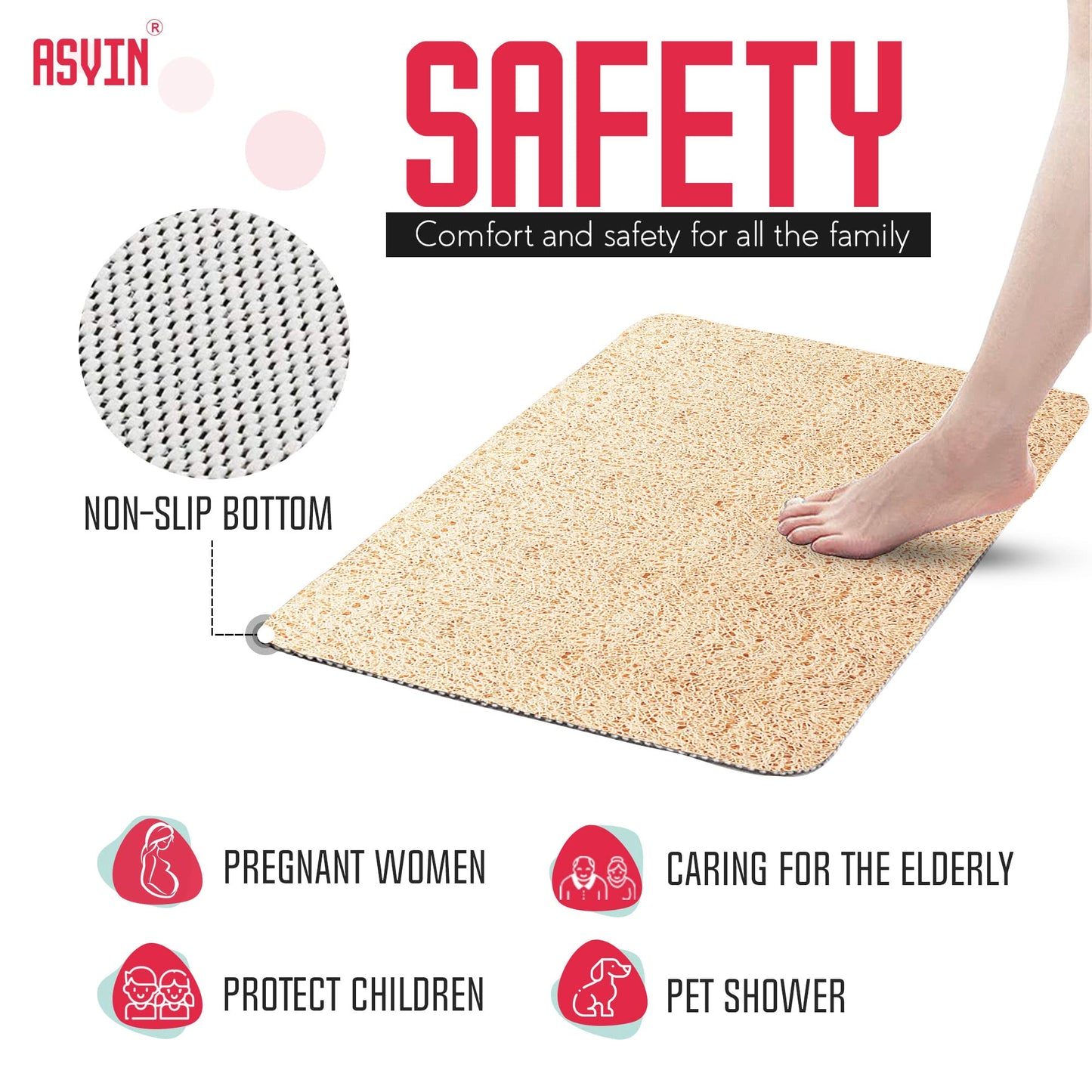 Asvin Soft Textured Anti Slip Bath & Shower Mat for Inside Shower & Wet Areas (40x60cm Beige) Phthalate Free Rubber Loofah Bathroom Mats for Slippery Surfaces Quick Dry Antibacterial & Mould Resistant 40cm x 60cm