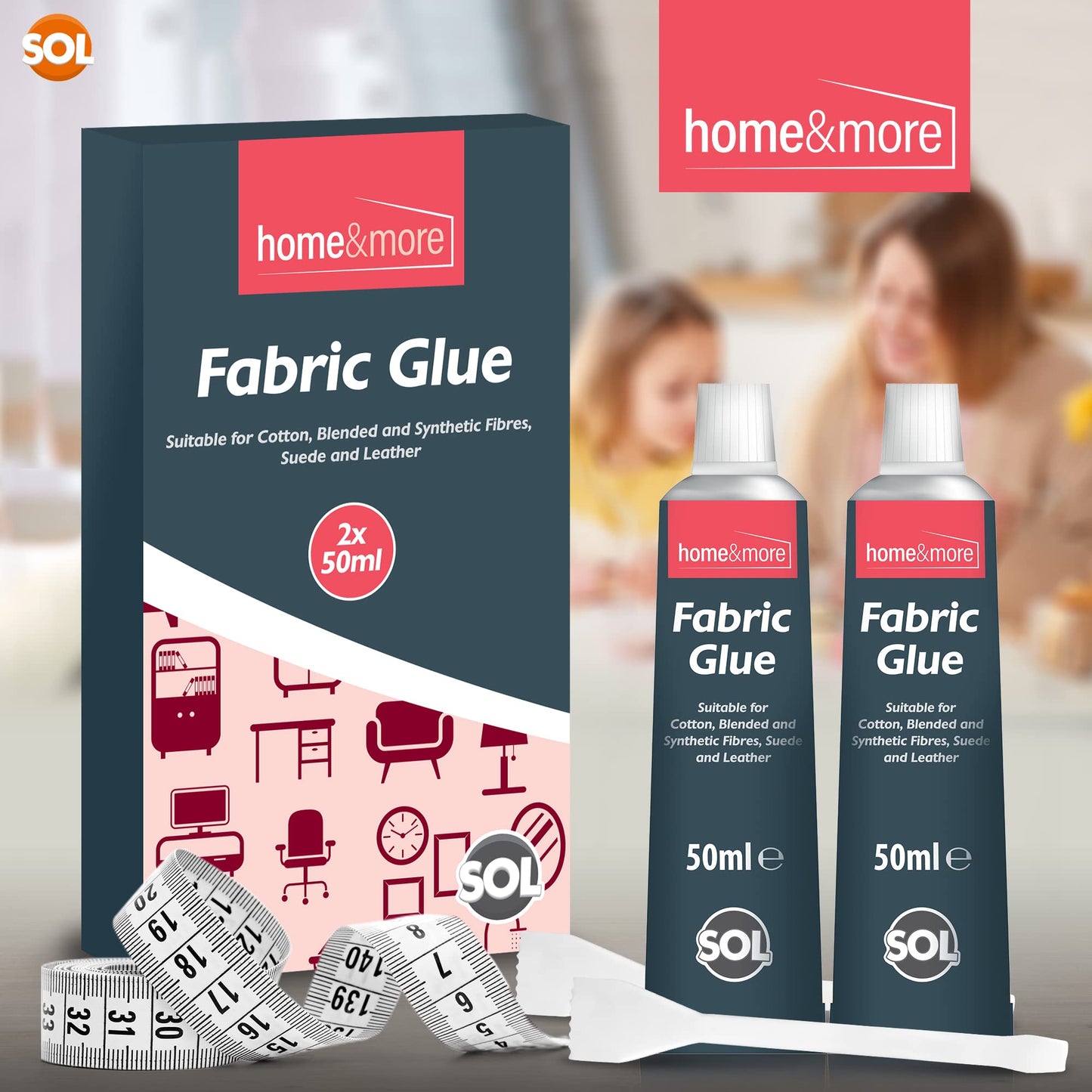 2pk Fabric Glue for Clothes | Includes 2 Fabric Glue Strong, Spreader & 150cm Tape Measure | Extra Strong 50ml Fabric Glue for Crafts, Upholstery, Material, Textile, Felt and Badges