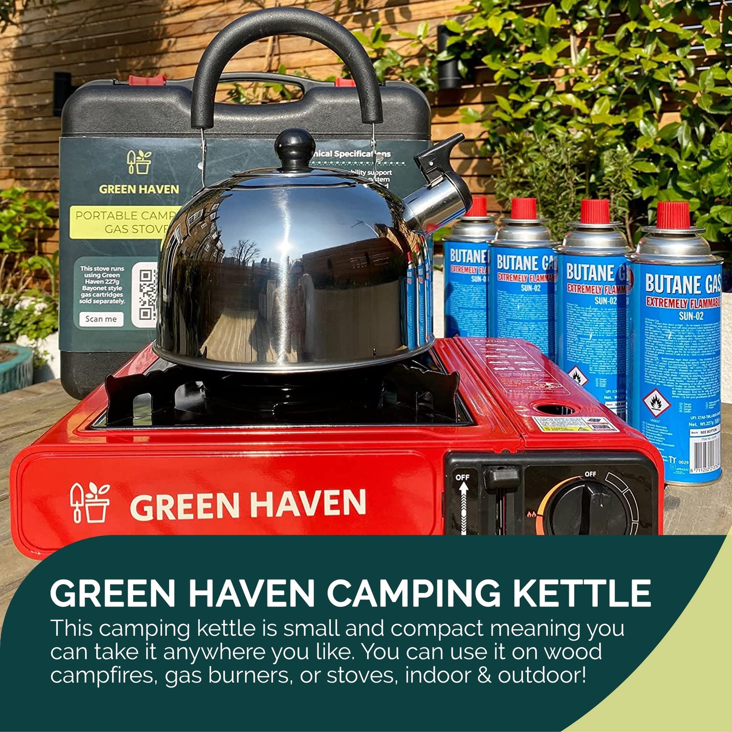 Green Haven Camping Whistling Kettle in 2L | Camping Kettle for Gas Stove, Electric Stove, Camp Fire | Portable Travel Teapot Coffee Mug with Folding Safe Handle & Spout | Strong Steel Boiling Pot Silver