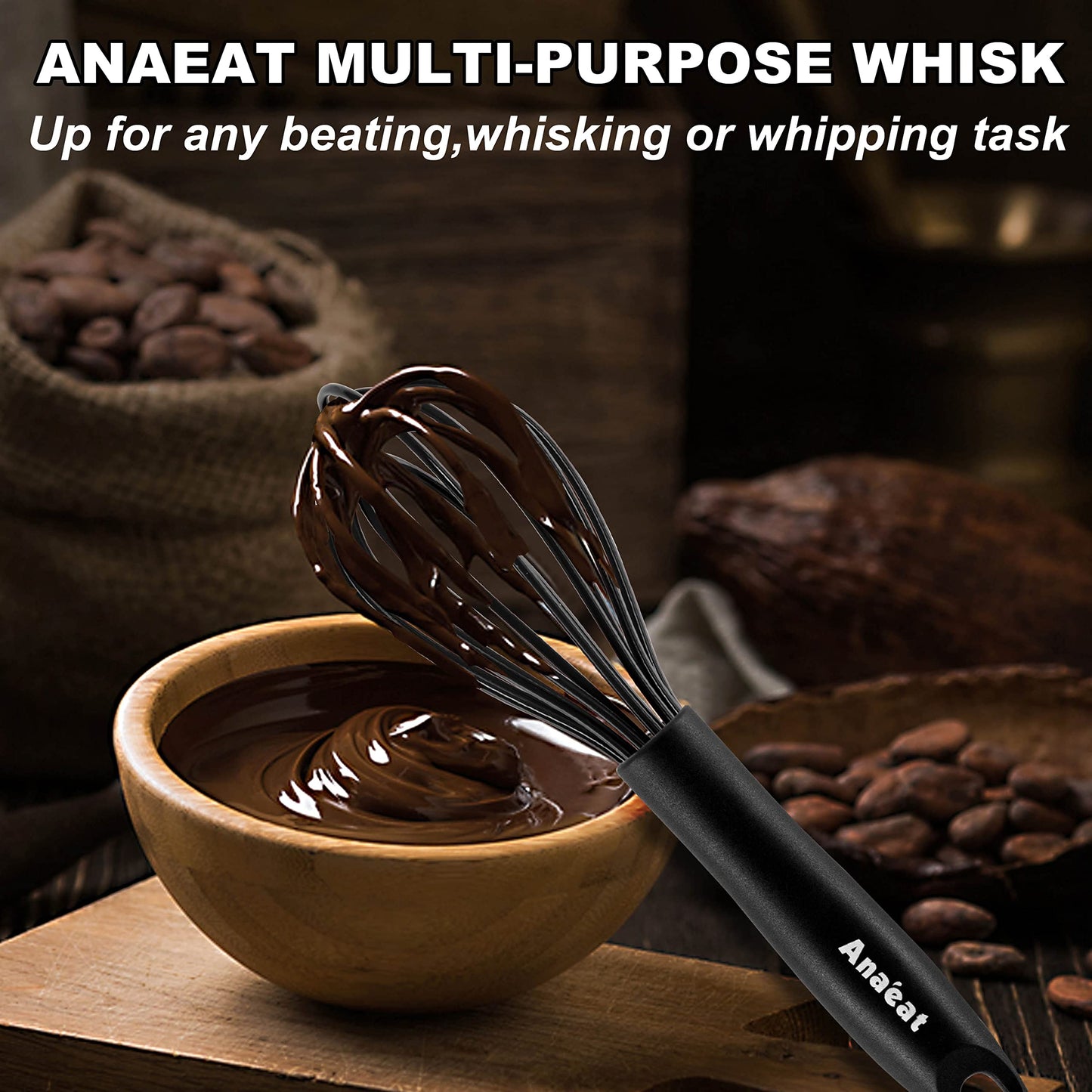 Anaeat Silicone Balloon Whisk, Perfect for Non-Stick Cookware, Milk and Egg Beater Blender, Heat Resistant Kitchen Whisks for Whisking, Cooking, Baking, Beating, Frothing & Stirring (Black) Black (23cm+26cm+31cm)