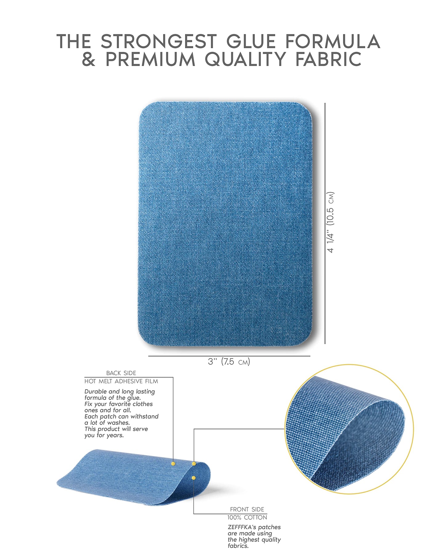 ZEFFFKA Premium Quality Denim Iron-on Jean Patches Inside & Outside Strongest Glue 100% Cotton Assorted Shades of Blue Repair Decorating Kit 12 Pieces Size 3" by 4-1/4" (7.5 cm x 10.5 cm)