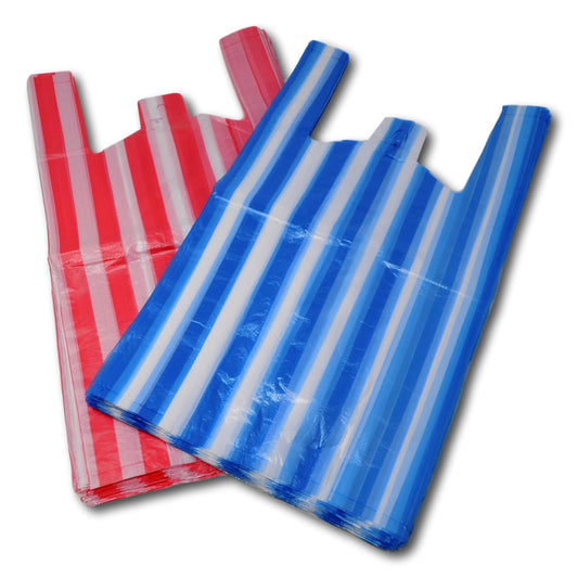 EPOSGEAR Candy Stripe Plastic Vest Carrier Shopping Bags (Medium - 10" x 15" x 18", Red/Blue Mix, 200) Medium - 10" x 15" x 18"