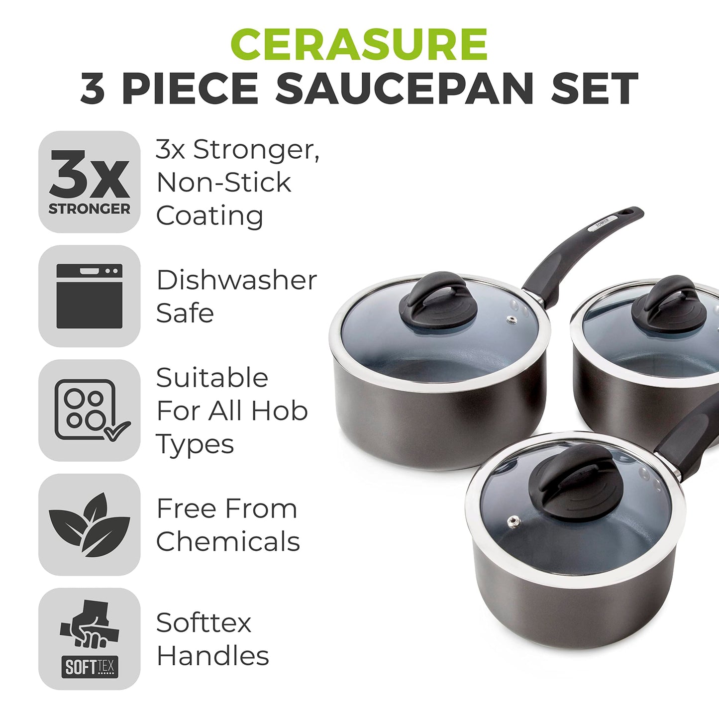 Tower T80302 Cerasure 3 Piece Saucepan Set with Non-Stick Coating, Suitable for All Hob Types Including Induction, 16/18/20cm, Graphite 3 Piece Set