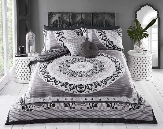 Sleepdown Duvet Cover Set - Black Grey - Paisley Mandala Geometric - Abstract Reversible Quilt Cover Easy Care Bed Linen Soft Cosy Bedding Sets with Pillowcases - King (220cm x 230cm)