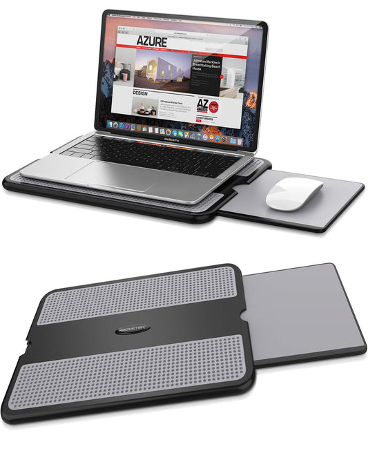 AboveTEK Portable Laptop Lap Desk w/Retractable Left/Right Mouse Pad Tray, Non-Slip Heat Shield Tablet Notebook Computer Stand Table w/Sturdy Stable Cooler Work Surface for Bed Sofa Couch or Travel Grey