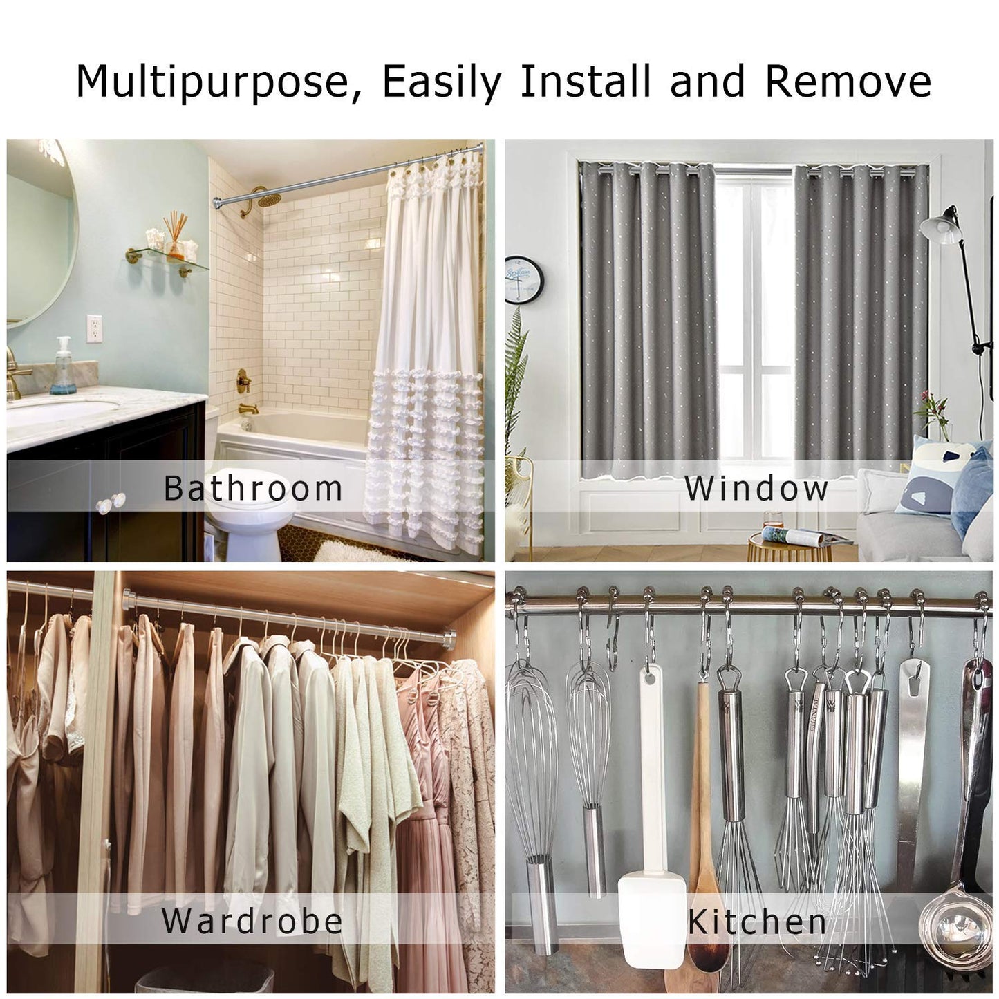 Shower Curtain Rod extendable(59-98 inches), Non-Slip, Never Rust, Tension Curtain Rod, No Drilling,304 Stainless Steel, Never Collapse,for Bathroom,Kitchen, Garderobe 150-250CM/59-98Inches Silver